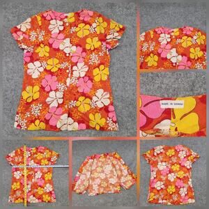 VTG 50s Womens L‎ Large? Hawaiian Hibiscus Floral Hawaiian Aloha Button Up Shirt